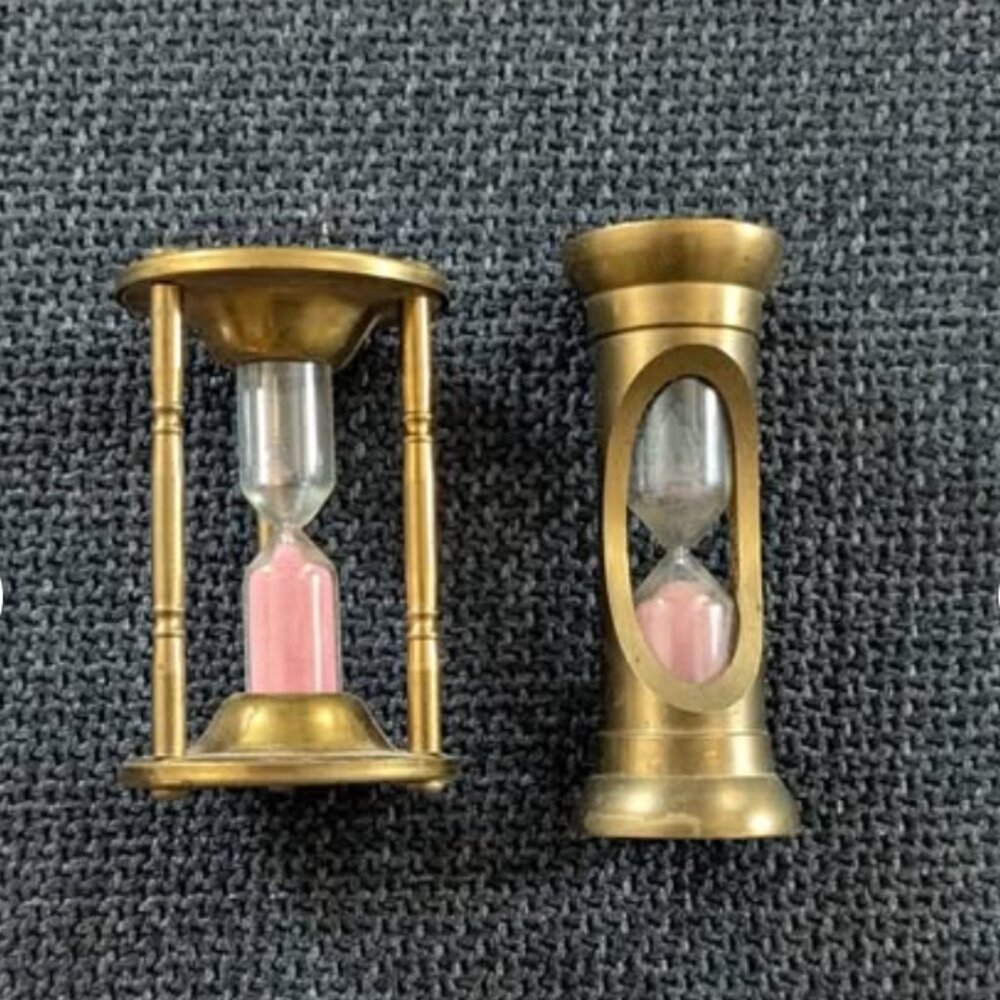 Vintage / Antique Brass and Glass Hourglasses with Pink Sand